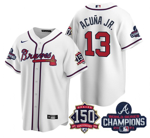 Men's Atlanta Braves #13 Ronald Acuña Jr. 2021 White World Series Champions With 150th Anniversary Patch Cool Base Stitched Jersey Men's Atlanta Braves #13 Ronald Acuña Jr. 2021 White World Series Champions With 150th Anniversary Patch Cool Base Stitched Jersey